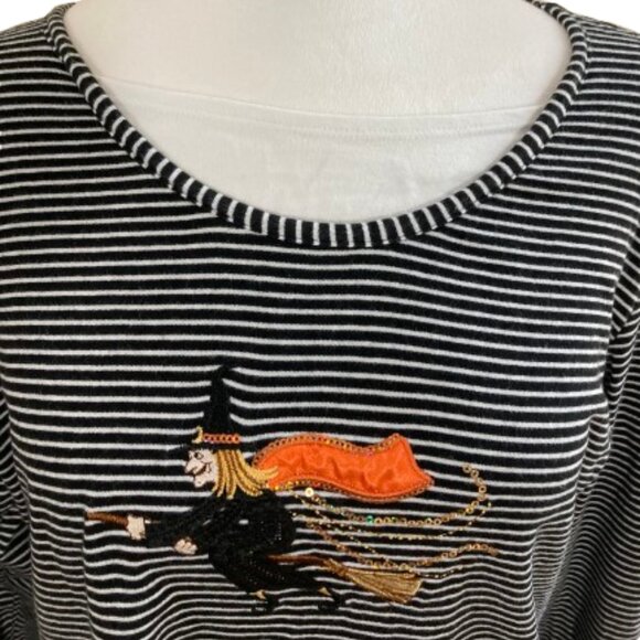 Halloween LS Tee Shirt Black and White Stripes Embroidered Flying Witch, Large - Picture 7 of 8